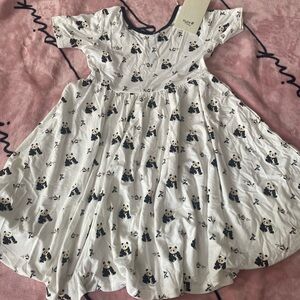 Kyte BABY White Dress with Navy and Beige Panda Print